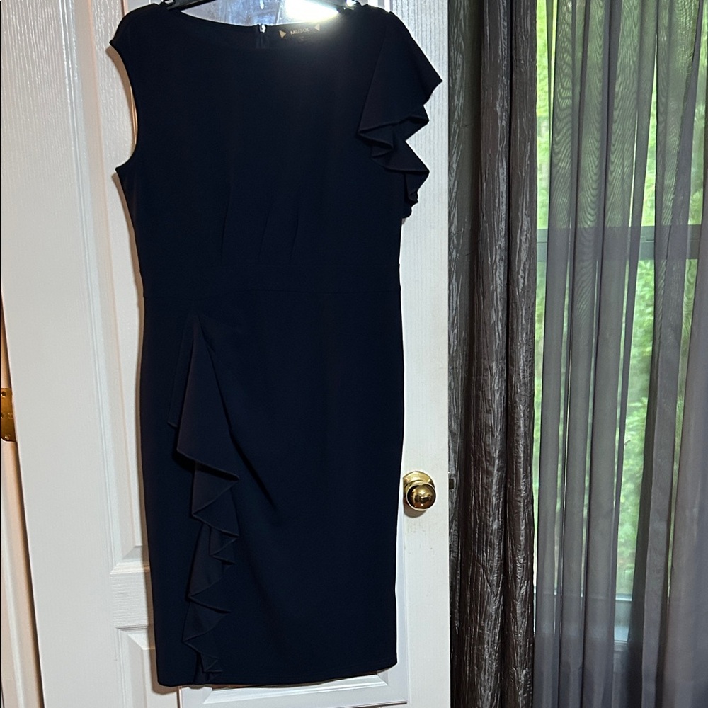 Elegant Asymmetrical Navy Dress with Ruffle Accents